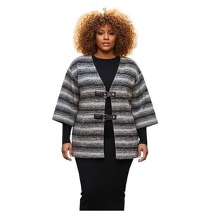 Michael Kors Black and Gray Striped Cardigan with Buckle Details